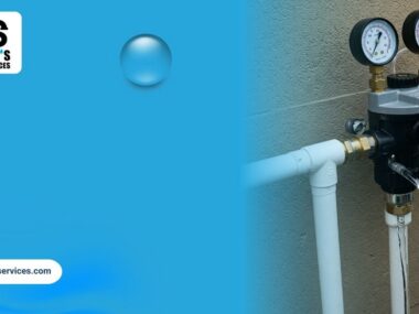 Technician performing backflow testing on a commercial backflow prevention device in Houston.