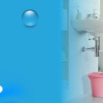 Woman calling plumber for bathroom leak with bucket under sink in apartment