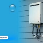 Wall-mounted tankless water heater installed outside a residential home for energy-efficient on-demand hot water supply