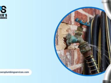 Leaking outdoor faucet attached to a brick wall showing plumbing water leakage.