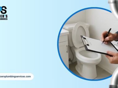 Plumber inspecting toilet with checklist to prevent plumbing issues and costly repairs.