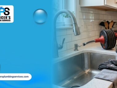 Professional drain cleaning equipment, including a drain auger and inspection camera, placed beside a kitchen sink for plumbing maintenance.