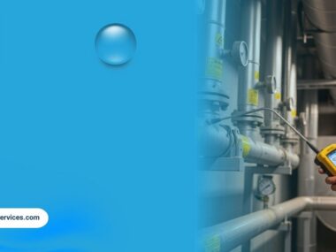 Technician using a handheld gas detection device to inspect commercial gas piping in a mechanical room for leaks and system safety.