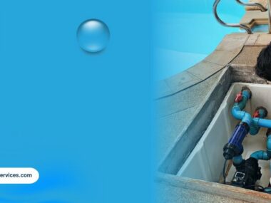 Plumber repairing pool and water circulation pipes as part of storm preparation and plumbing maintenance.